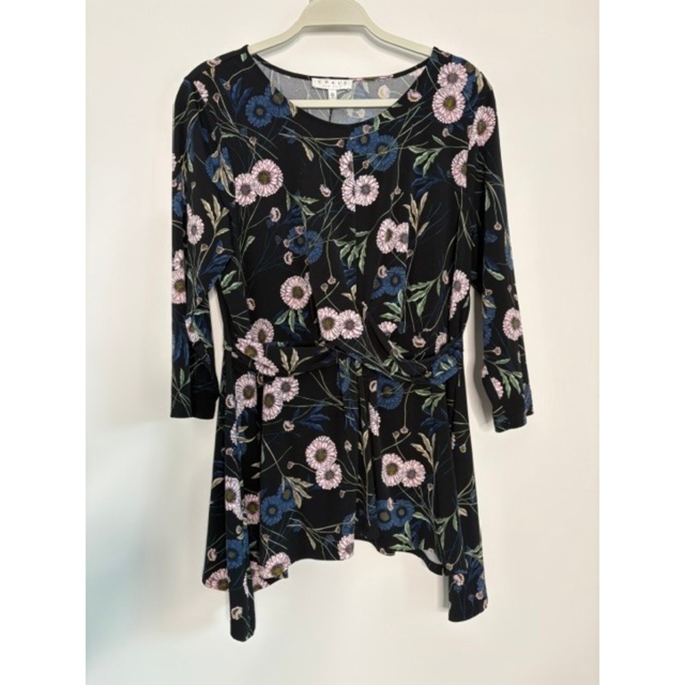 Chaus New York Womens XL Floral Tunic Top 3/4 Sleeve Twist Front Sharkbite Hem